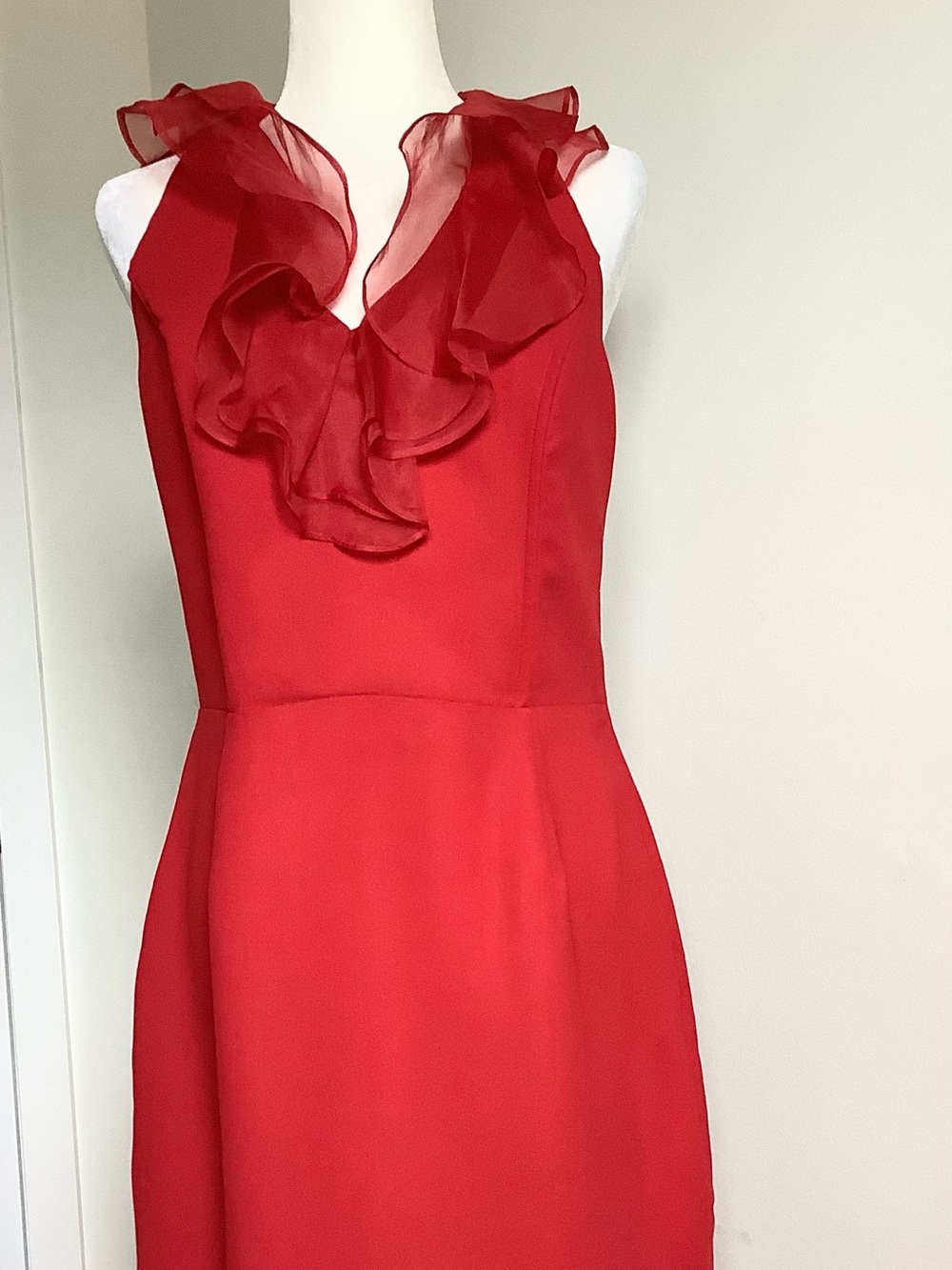 NEW SHANI Elegant Red Ruffle V-Neck Backless Dress Evening Cocktail Sz. 12